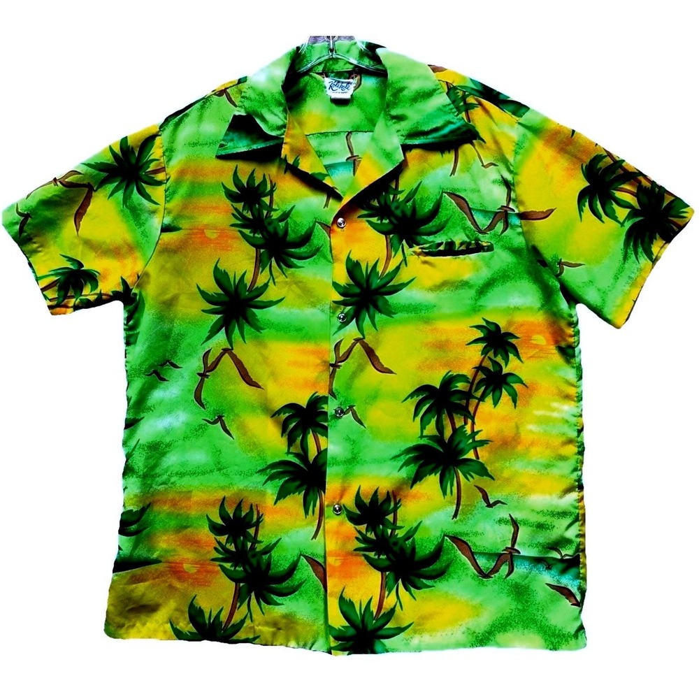 Vintage Kole Kole Hawaiian Shirt Mens XL Green Yellow Palm Tree Sunset Aloha 70s